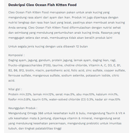 Makanan Kucing Kering CLEO Cat Dry Food KITTEN OCEAN FISH 1.2 Kg