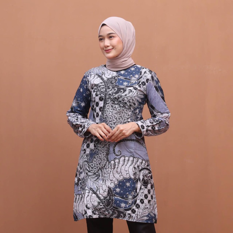 Atasan Tunik Batik Couple Wanita Bahan Kain Katun Kemeja Batik Pria Lengan Panjang - Motif Pecut Biru