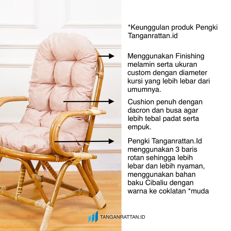 KURSI TERAS PENGKI ROTAN DAN BANTAL FULL UNTUK DEWASA / KURSI SANTAI MINIMALIS ARMCHAIR ROTAN FINISHING MELAMIN