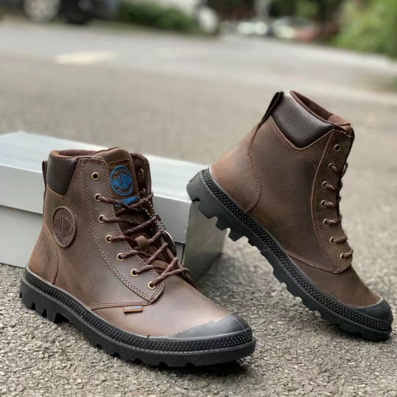 (New) Sepatu Pria Palladium Pampa Cuff WP Lux Boots Rain style Dark Coffee Genuine Leather Waterproo