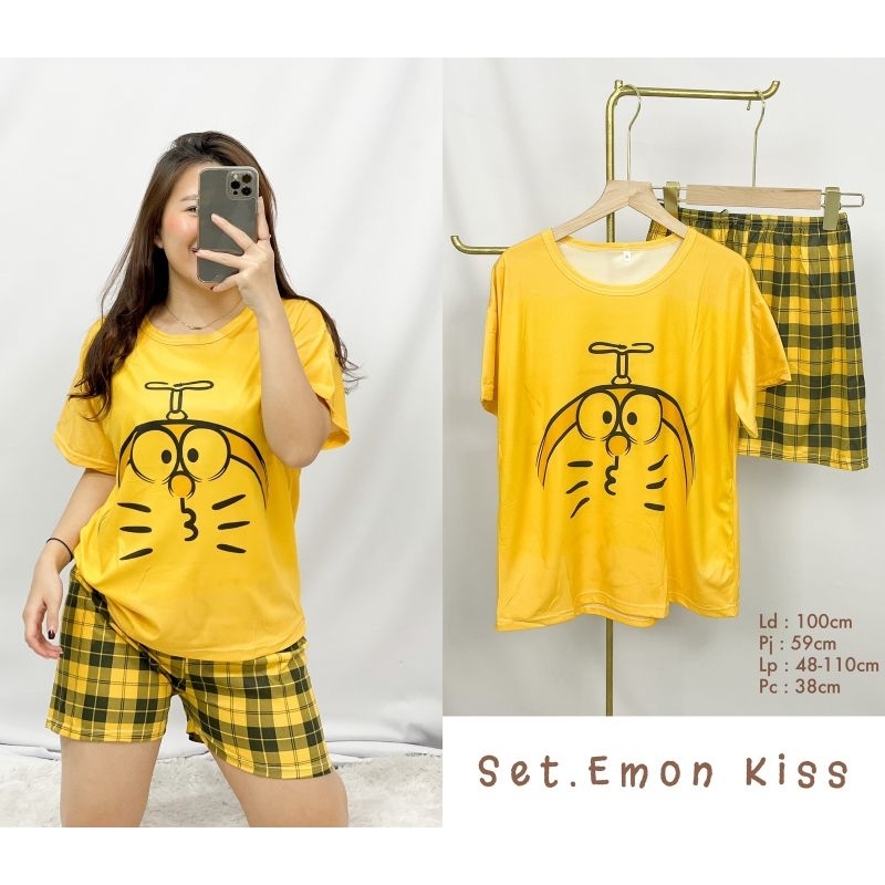 MDLV ~ Baju Tidur Set Emon Kiss HP Kaos Spandek Import