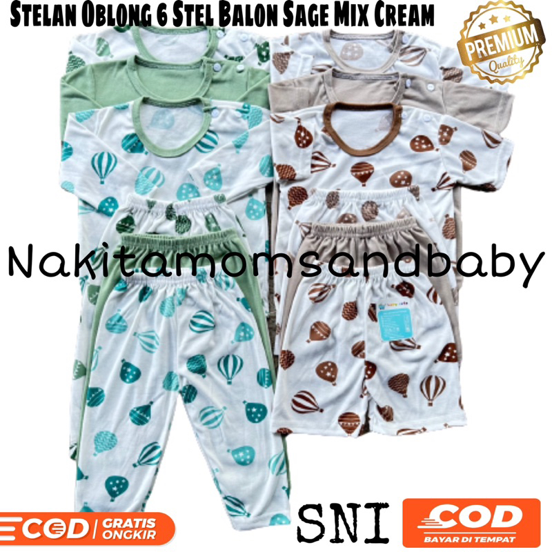 STELAN BAJU BAYI OBLONG PANJANG DAN PENDEK BALON SAGE MIX CREAM 6 STEL PROMO 8.8