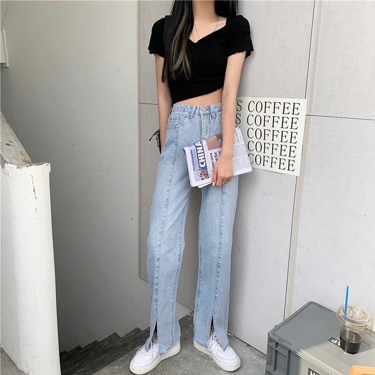 Biru Highwaist Kulot Jeans Wanita Belah / Celana Jeans Split Import