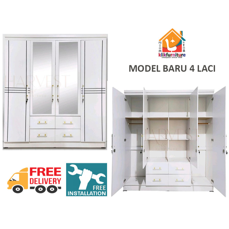 Jual Lemari Pakaian Baju 4 Pintu + Cermin Full Putih LP4P Klikfurniture ...