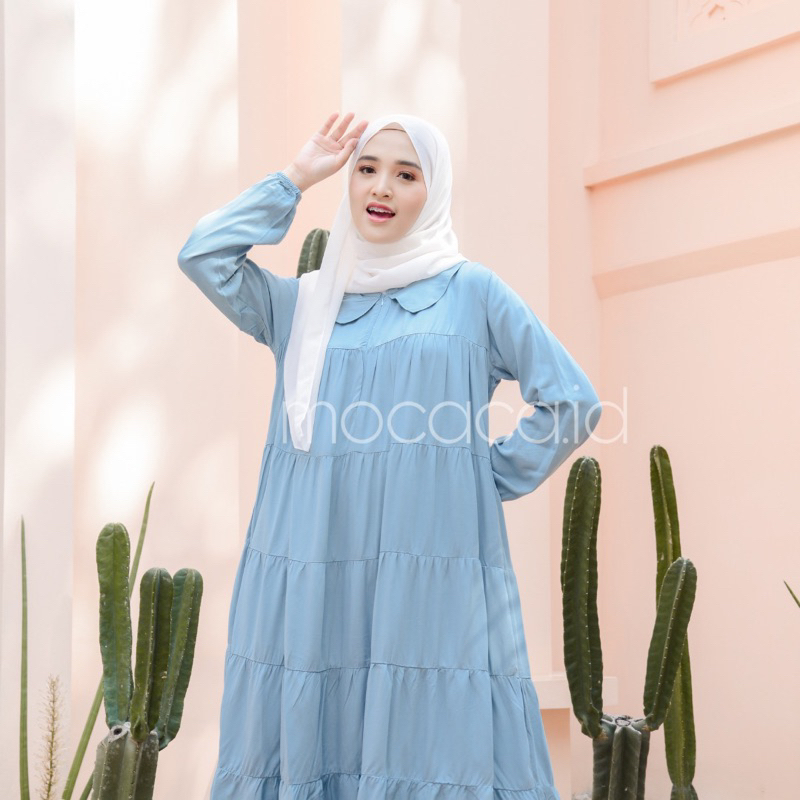 Midi Dress 5 Susun Busui Kerah Collar - Biru Dark Blue Sky