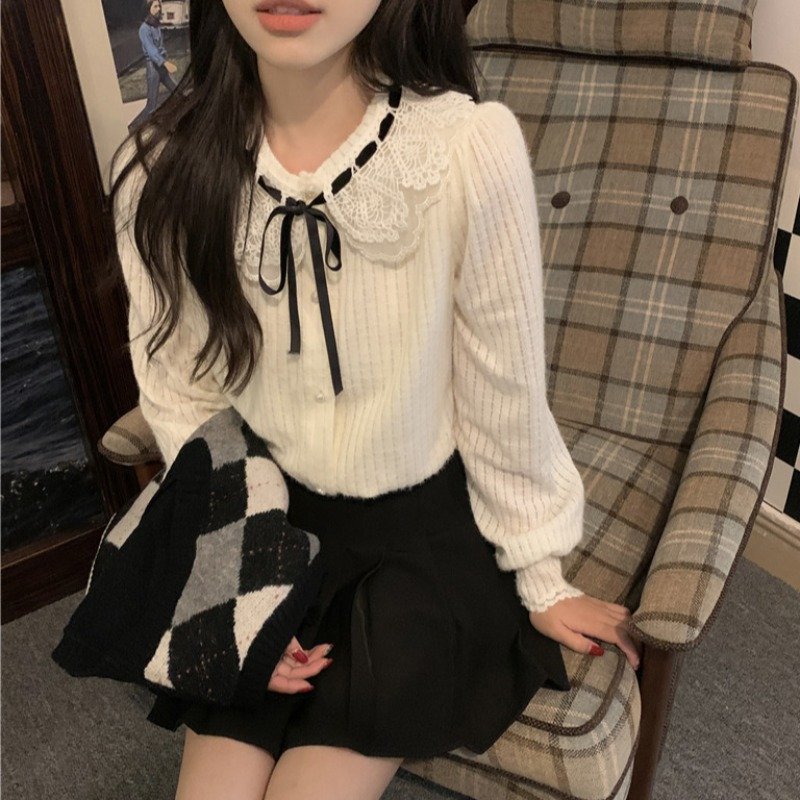 READY - 2pcs Yuna Shirt Set | Korean Ribbon White Blouse and Argyle Knit Vest Set | Atasan outer raj