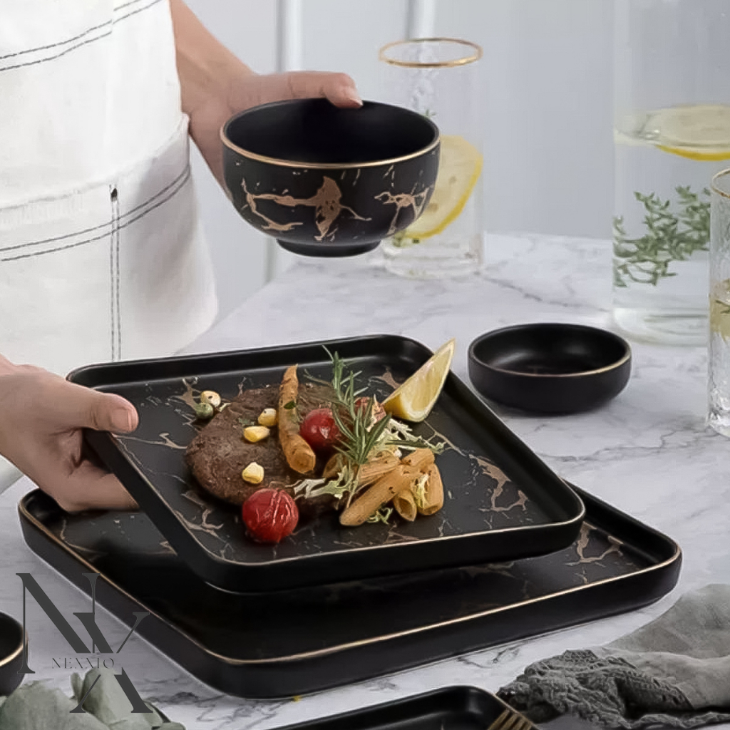 NEXXIO Crackle Plate Kotak ceper/piring Marbel / Piring makan Marbel / Piring Saji Mewah / Piring Saji Marble Gold