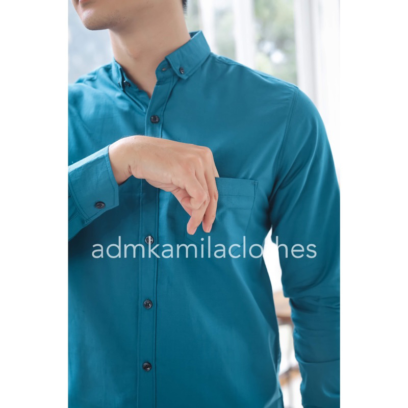 Kemeja pria cowok polos slimfit kasual basic HeM lengan panjang biru hijau tosca