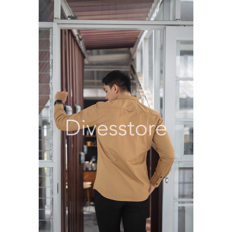 Kemeja pria cowok polos slimfit kasual basic HeM lengan panjang coklat