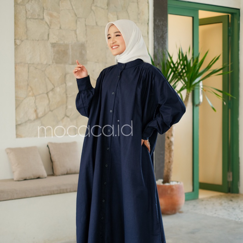 Dress gamis biru dark navy Elegan Ootd Hijabers bahan katun linen rami lengan kancing casual klasik dovey