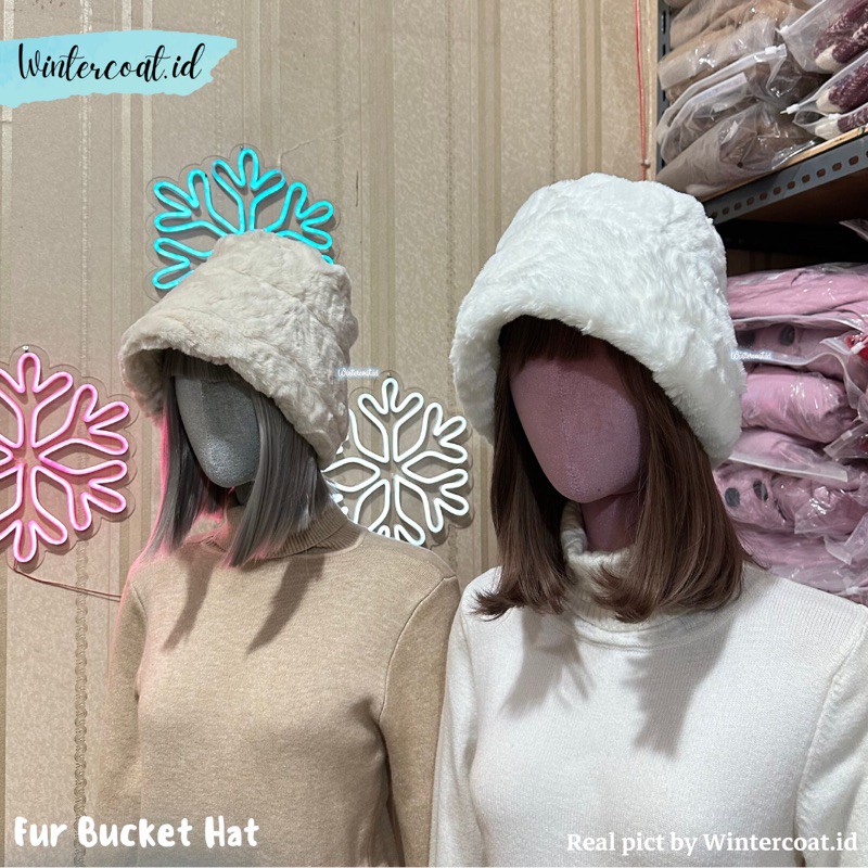 Bucket hat fur topi winter wanita import kupluk bulu cewek hangat musim dingin fashion