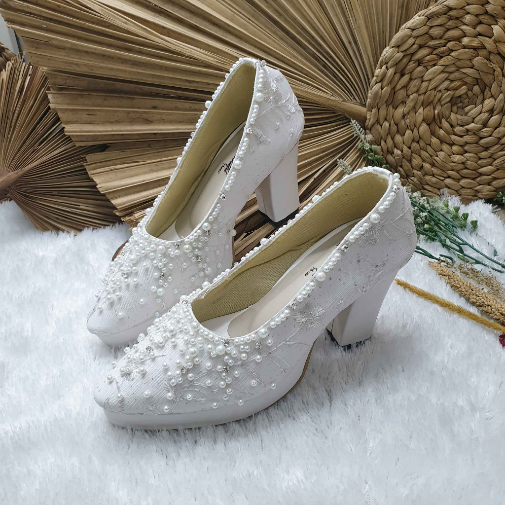 sepatu wedding pesta cantik Andini putih lapis bahan cantik hak 9cm