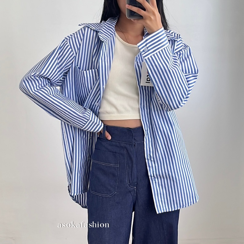 ASOKA Amarine Shirt 2164 - Kemeja Salur Kecil - Kemeja Oversize - Pocket Shirt