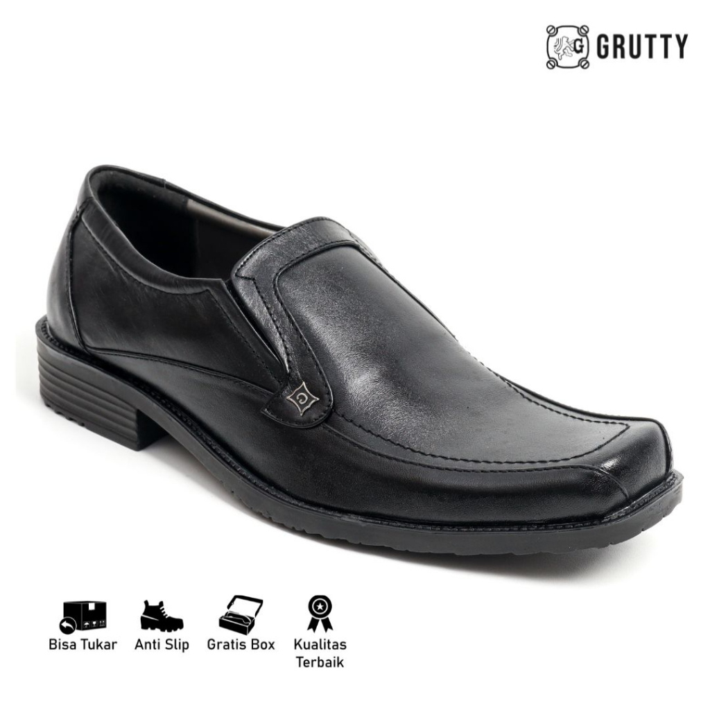 Sepatu Pria Formal Pantofel Kerja Tanpa Tali Kulit Asli  Grutty DC004 Hitam