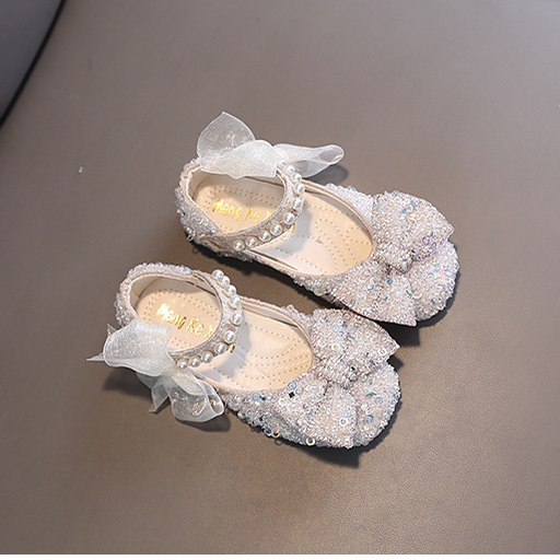 SH11-Sepatu Pesta Anak Perempuan Flat Import Mutiara Blink Aksen Ikat Pita