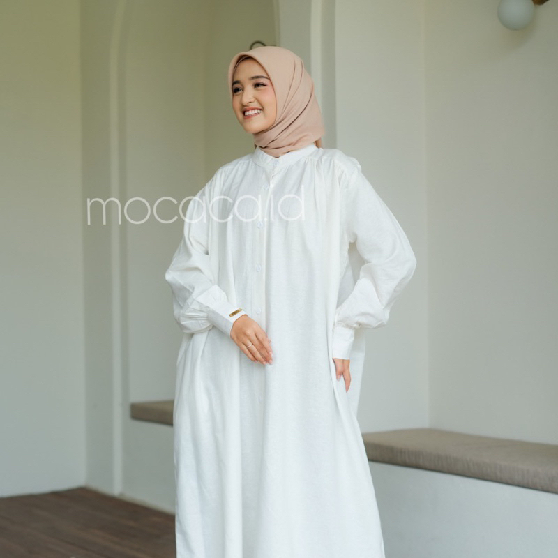 Dress Putih Tulang Broken White Elegan Ootd Hijabers bahan katun linen rami lengan kancing casual klasik dovey
