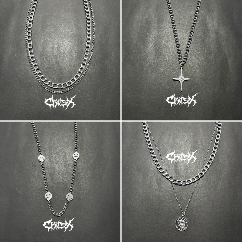 KALUNG CHOKER SMILE NECKLACE / STAR CROSS DOUBLE LAYER CHAIN NECKLACE / MULTILAYER PENDANT / KALUNG MOON COIN PADLOCK THUNDER KALUNG RANTAI HIP HOP CHOKER SALIB KALUNG LIONTIN STYLE KOREA CHAIN NECKLACE KALUNG SILVER TITANIUM AESTHETIC KALUNG PRIA WANITA