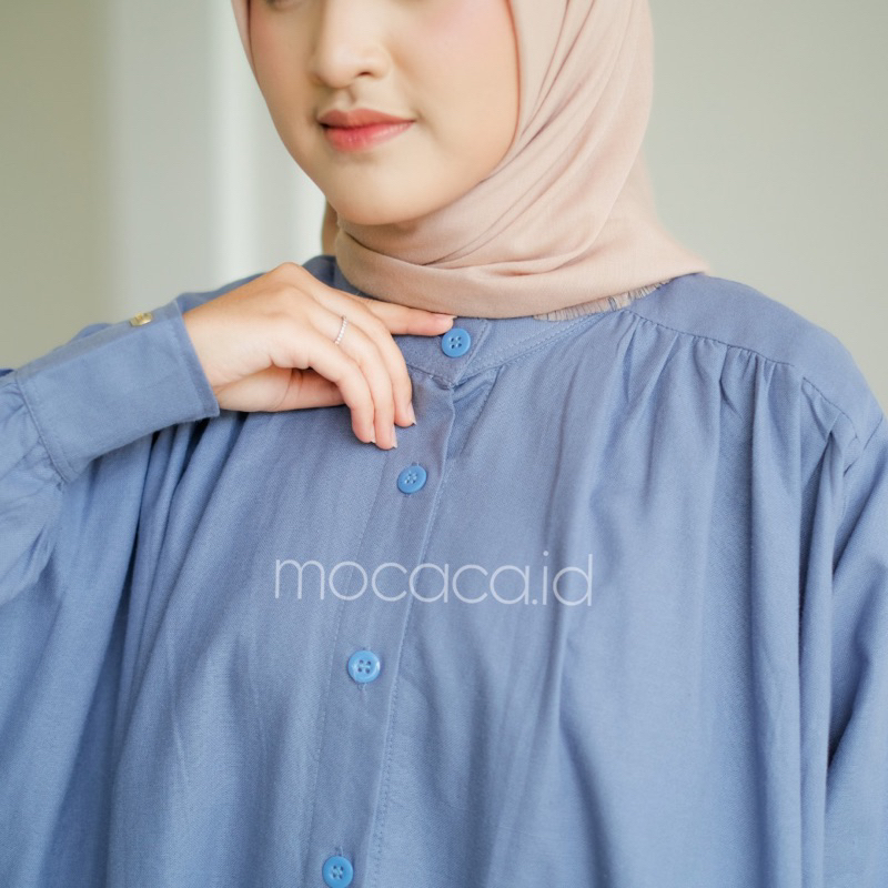 Dress gamis blue denim biru Elegan Ootd Hijabers bahan katun linen rami lengan kancing casual klasik dovey