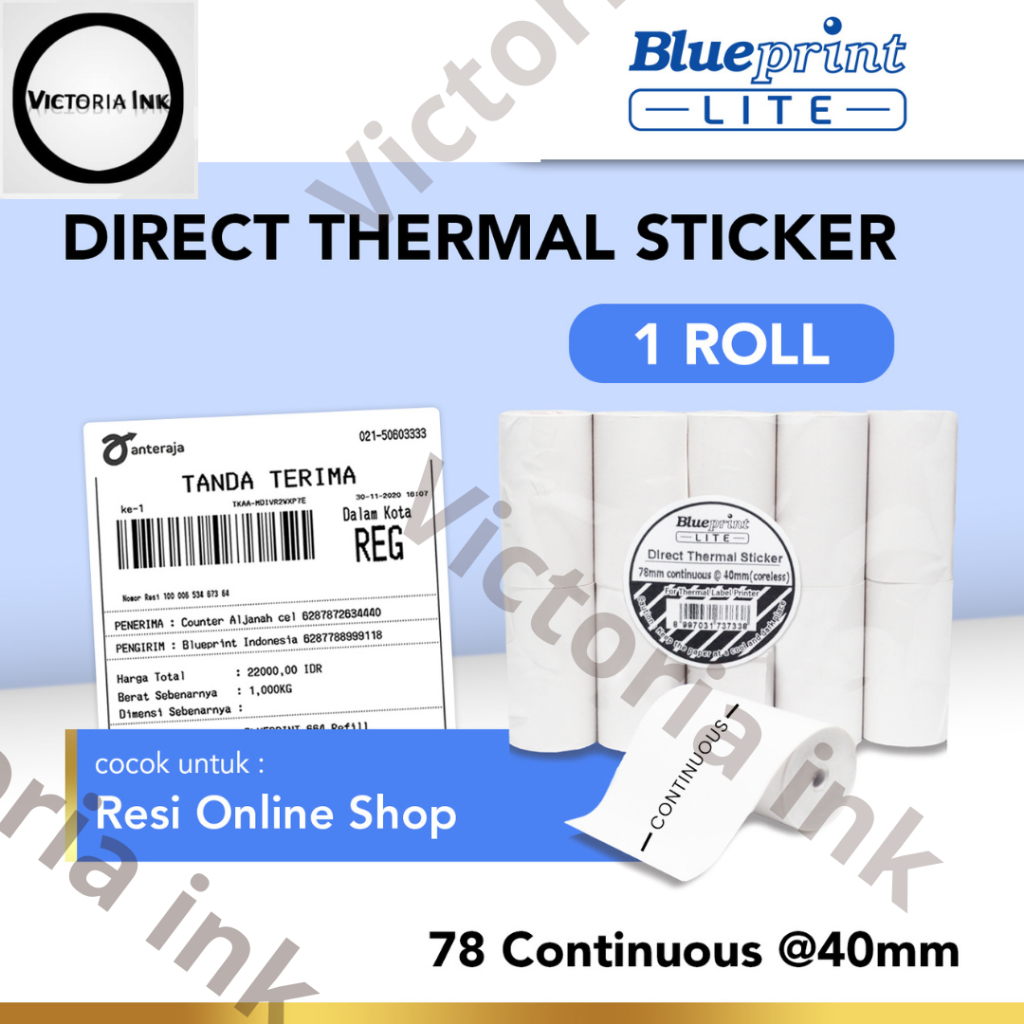 Direct Thermal Sticker Label Portable BLUEPRINT 78 Continuous @40mm Cocok untuk Printer ukuran 80mm Tanpa Jeda / Potongan