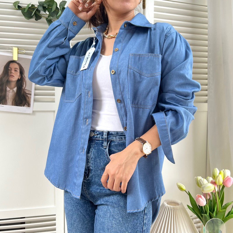 Kemeja Denim Wanita / Denim Shirt / Atasan Wanita Lengan Panjang E.40