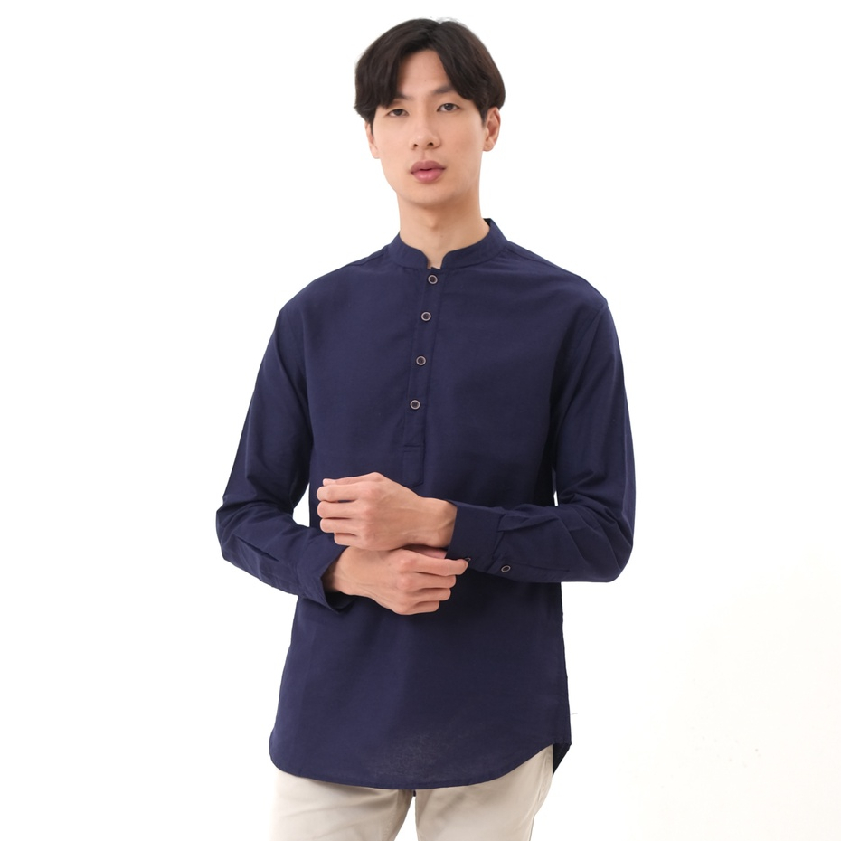 SANVANINA Kemeja Lengan Panjang Pria Kerah Shanghai Slim Fit Koko Navy  E-1411G