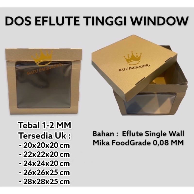 

RATU | Dos EFLUTE TEBAL MIKA SAMPING Kue Tinggi 20&25 Souvenir Karton Kardus Kotak Box Dus Tart Kue Eflute / Kotak Hampers Tinggi 20Cm dan 25Cm Window Samping