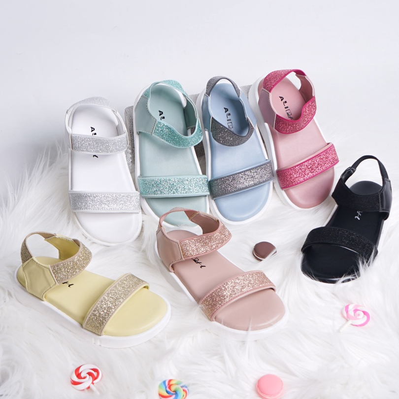 SARASARA YUK - KAREN ALIPH Sandal Tali Anak Perempuan Usia 2 sampai 10 Tahun Sendal Anak cewek Wedges Tali Cewek Empuk Warna Black Hitam Kuning Biru cewe Slop Usia Umur 3 4 5 6 7 8 9 thn Tahun Premium Ori Original Mall Official Store