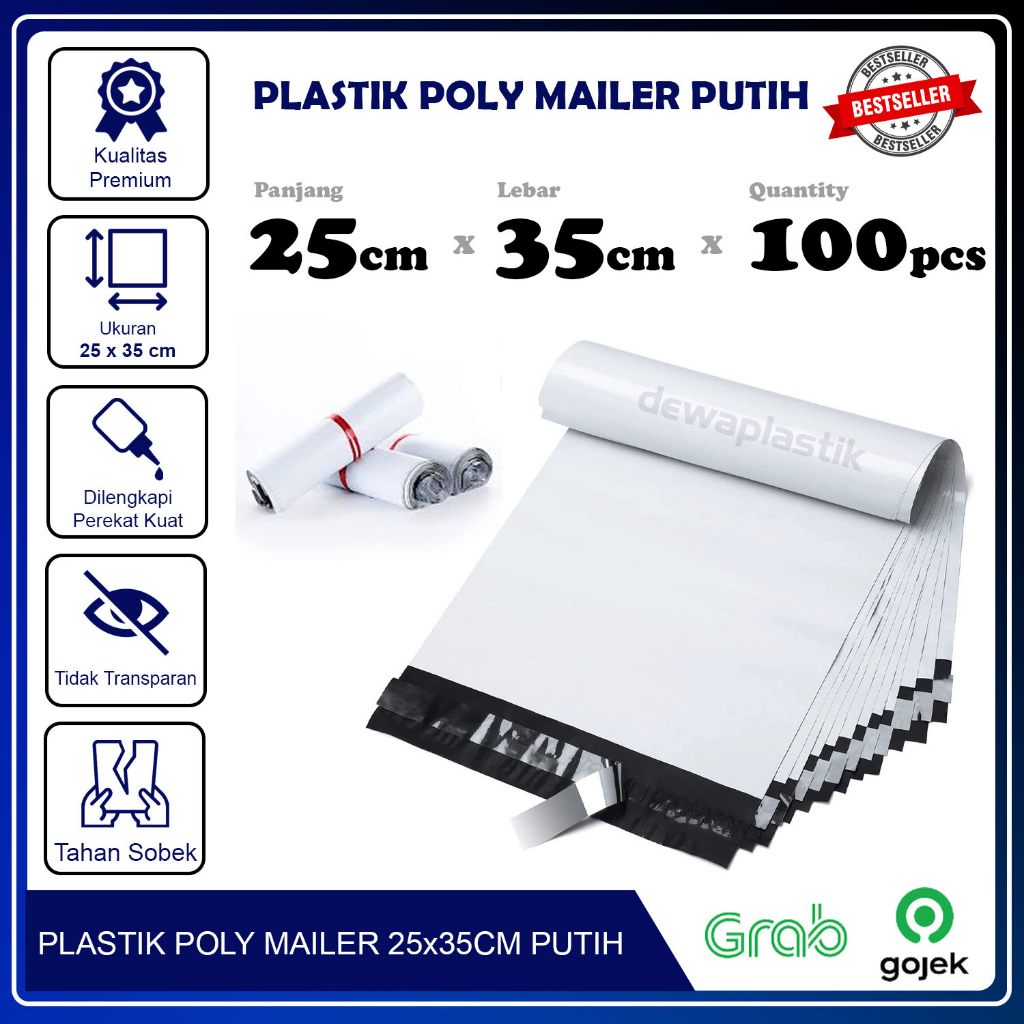 Poly Mailer 25x35 cm Putih Isi 100 Pcs Polymailer Kantong Plastik LDPE Amplop Packaging 25 x 35 cm Plastik Packing Putih 25x35cm Kantong Paket 25 x 35cm Warna Putih Susu Isi 100pcs