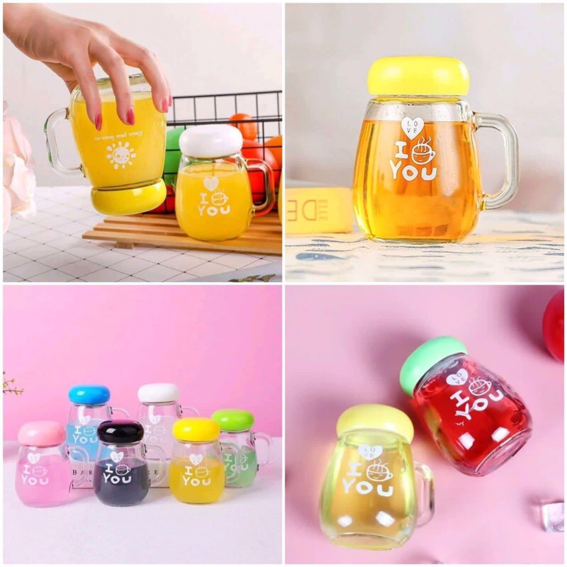 Gelas Love Mug Lucu/Mug Kaca Mini 350ml/Gelas tutup anti tumpah