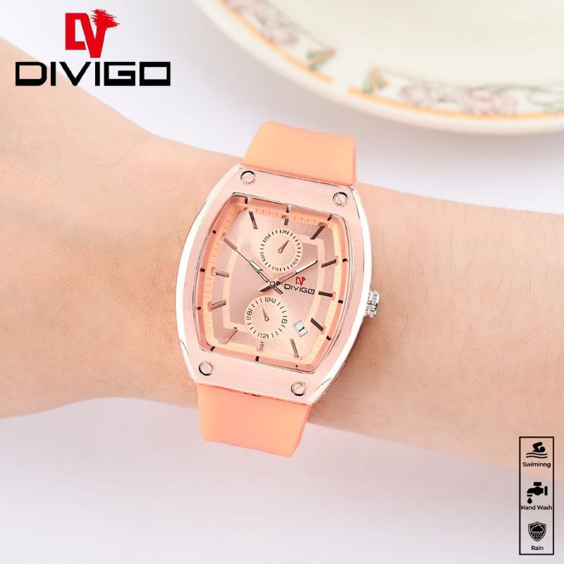 (Cod)Jam Tangan Wanita Fashion Divigo Oval Crono Variasi Tanggal Aktif Strap Rubber/Karet(Dikirim Jakarta)