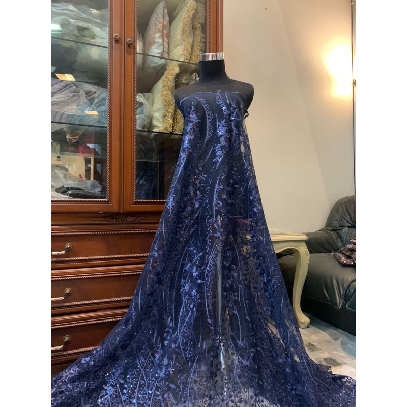 Bahan Kain Kebaya Brokat Tile Bordir Payet Elizabeth motif3 2warna Biru Navy Dongker