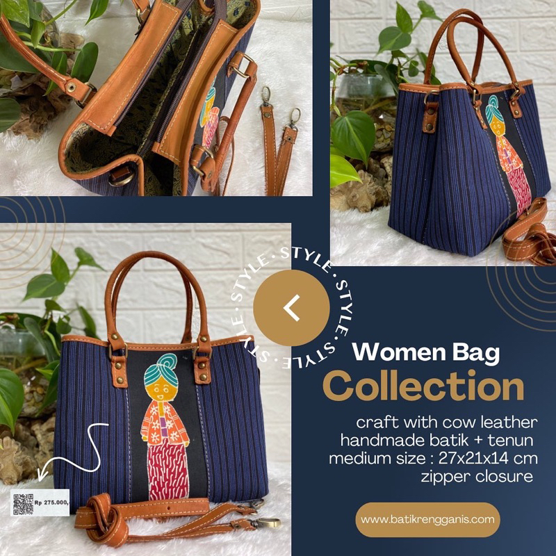 Leather Bag Tas Kulit Sapi Mix Kain Tenun Lurik Ikat dan Batik Tulis Gambar Orang Batik Tulis Simbok