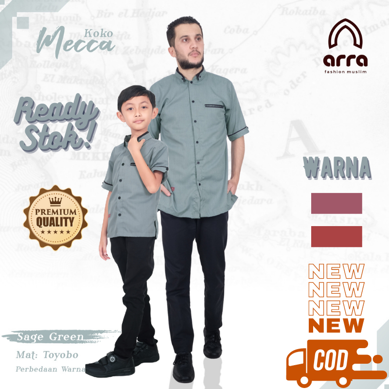 Baju Kemeja Koko Couple Ayah Dan Anak Lengan Pendek Arra Series Mecca SAGE GREEN TERRACOTTA MAUVE Ba