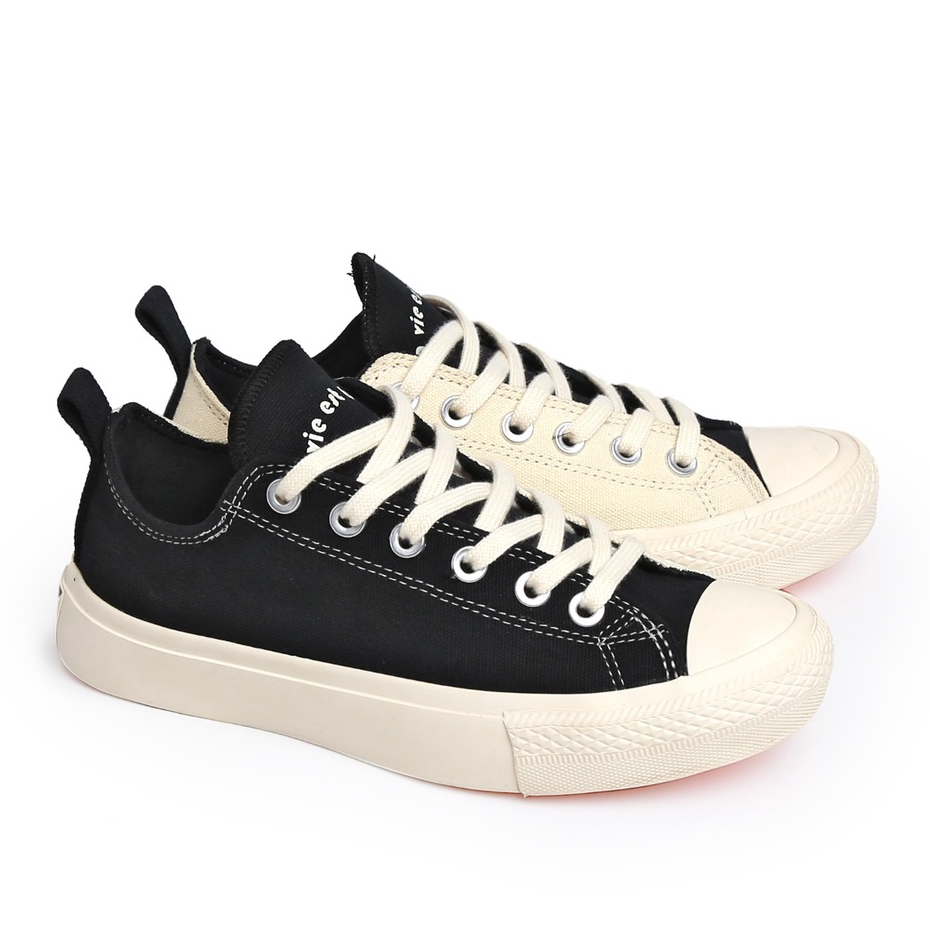 Vulking Sepatu Basic Low Wanita Casual Street Style Dua Warna MONOCHROME Black Cream Canvas Original
