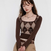 YIU YIU Rajut - Korean Baju Crop Lengan Panjang Kotak Kotak Sweater Crop Squareneck