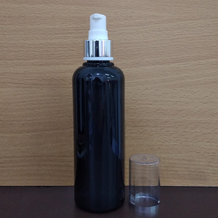 Botol Plastik PET 250ml BR Hitam Tutup Pump Treatment Full Cap Neck