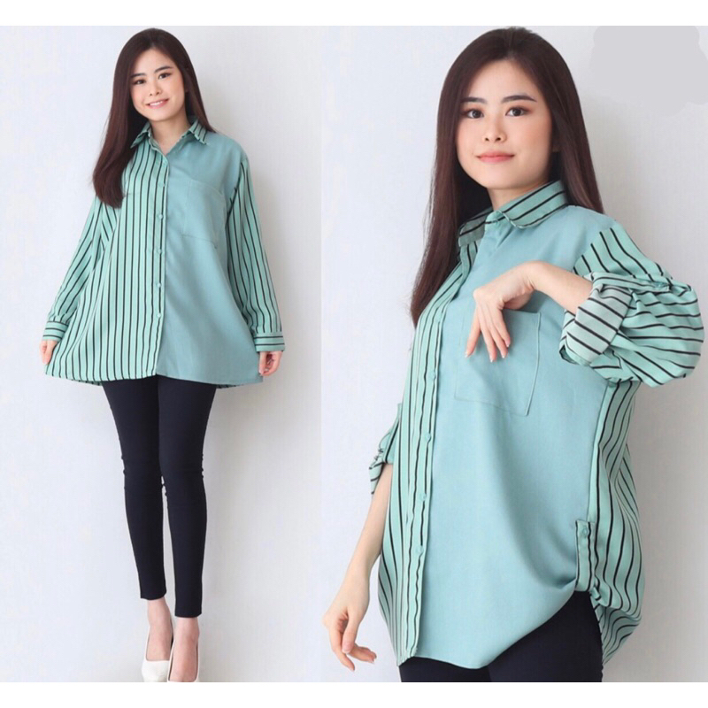 Kemeja Wanita LD 120 cm / Kemeja Jumbo two tone garis garis