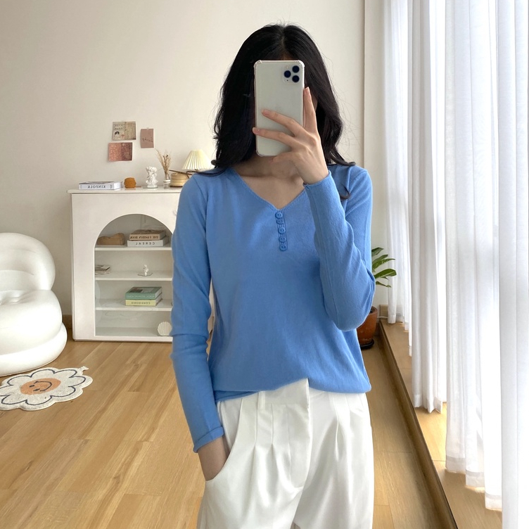 Mei V Neck Long Sleeve - Blouse Vintage Knit - Top Korea Wanita - Atasan Lengan Panjang Wanita