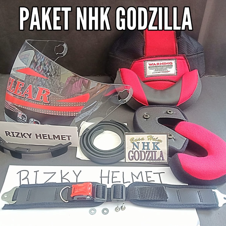 PAKET NHK Godzilla, Busa Helm + kaca helm NHK GODZILA + Lis karet + Tali helm Plus ring & paku belah