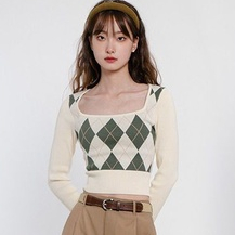 YIU YIU Rajut - Korean Baju Crop Lengan Panjang Kotak Kotak Sweater Crop Squareneck