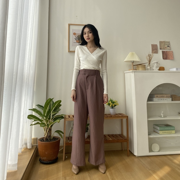 Carli Linen Pants - Celana Panjang Kulot Korea Wanita - High Waist Pants - Casual / Formal