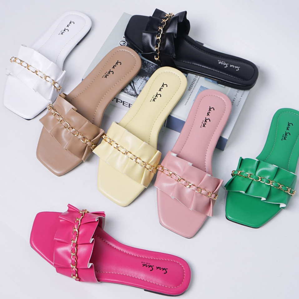 SARASARA YUK - MIA Sandal Wanita Teplek Korea Casual Size 36 - 40 Sendal Slop Empuk Flat Cewek Kasual Rumahan Warna ALL Color Selop Korean Style Santai Premium 37 38 39 Perempuan Kekinian Terbaru Shoes ORI Original Mall Official Store