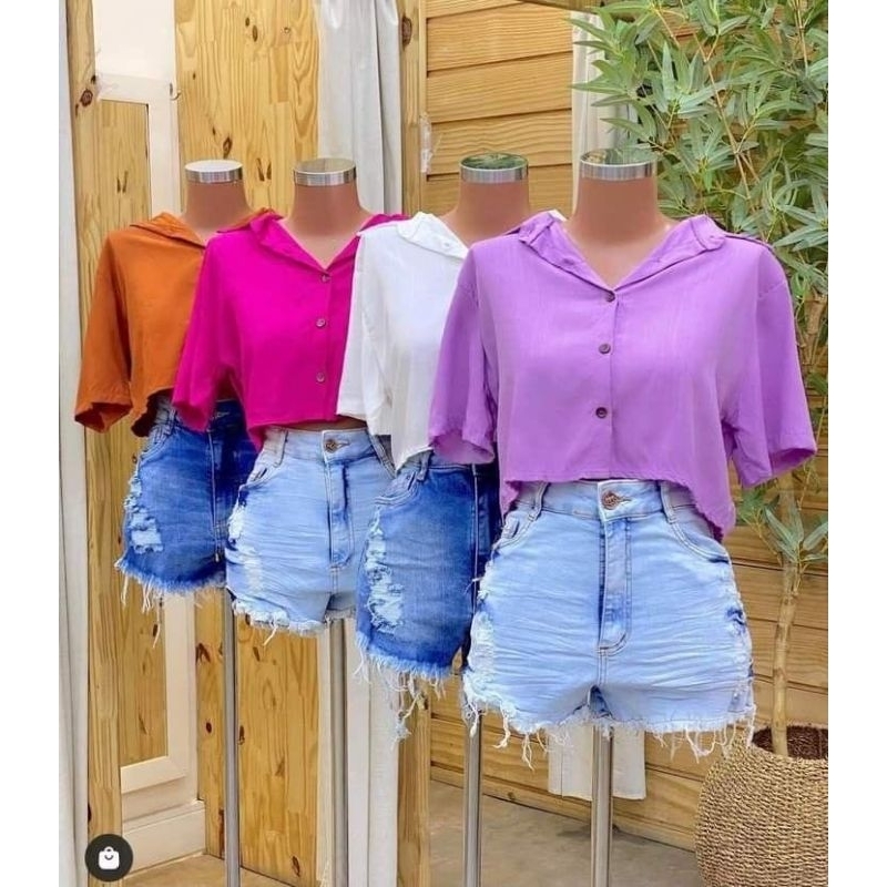 Hanin Crop/ Kemeja Crop Wanita Lengan Pendek/ Baju Atasan Ootd Remaja