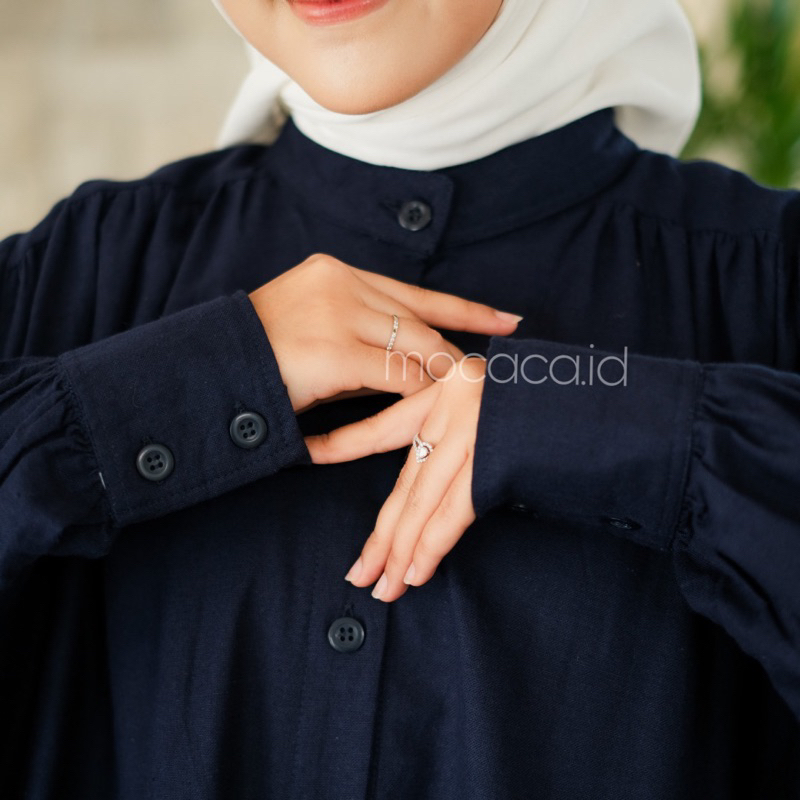 Dress gamis biru dark navy Elegan Ootd Hijabers bahan katun linen rami lengan kancing casual klasik dovey