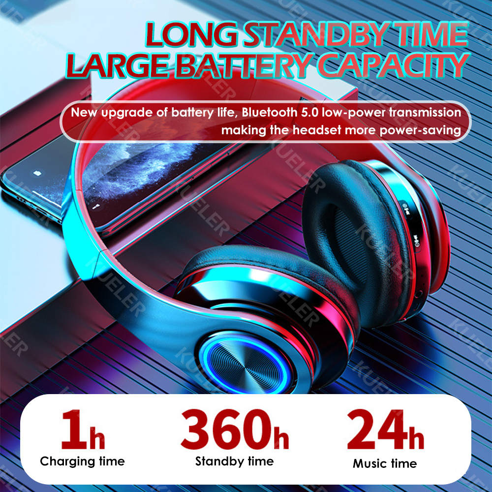 Lampu LED B39 Headphone Bluetooth Lipat dengan Mikrofon HiFi Stereo Gaming Headset Bluetooth Henset Wireless Headphone Mendukung Kartu SD Panggilan HD AUX