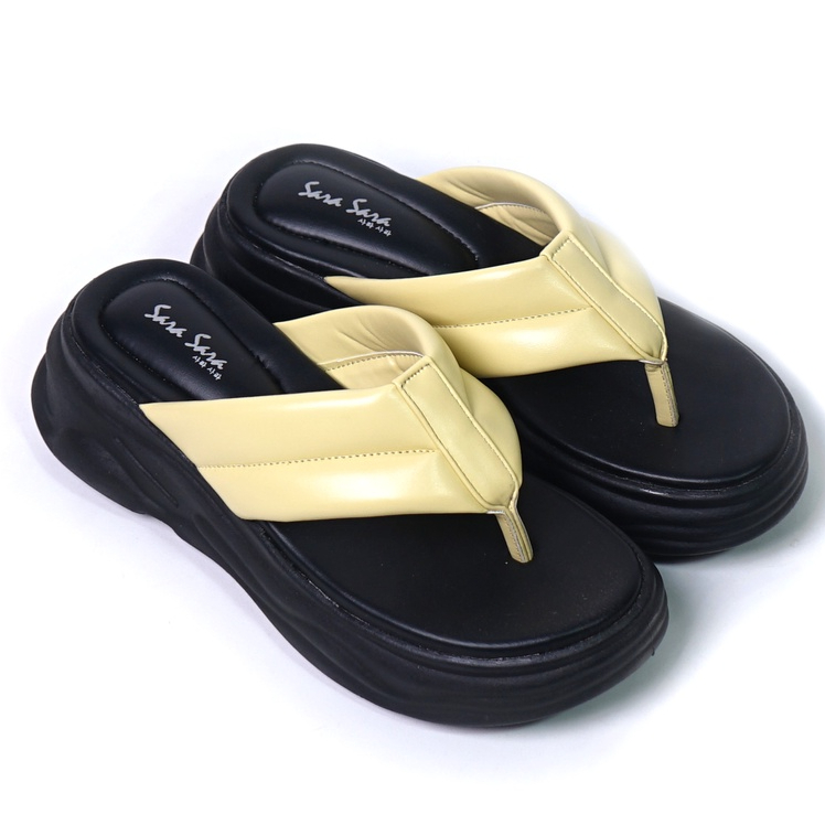 SARASARA YUK - NARITA Sandal Wanita Wedges Jepit Tinggi 5cm Size 36 - 40 Casual Sendal Cewek Platform 37 38 39 untuk Jalan Pergi Santai Japit Warna Yellow Kuning Premium Original Sara Sara Kekinian Terbaru Shoes ORI Mall Official Store