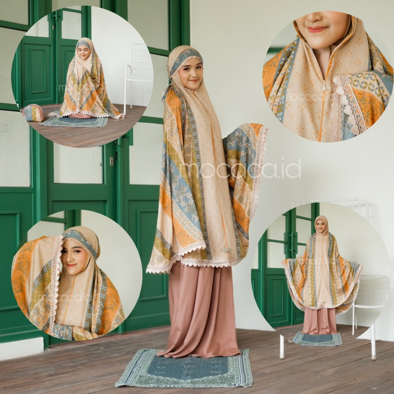 Mukena Dewasa Jumbo 3 in 1 seri Motif Coklat susu Tali Lebar Renda cantik cocok untuk kado gratis tas travelling pouch cantik bisa gosend bandung bahan super adem halus ringan tidak menerawang