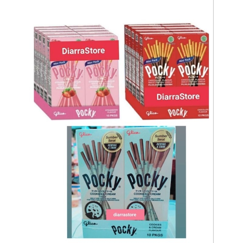 

Pocky 1 Box (isi 10) Glico Mini Stick Coklat 22gr / Strawberry / Cookies Cream / Pejoy 20gr / Glico Alfie