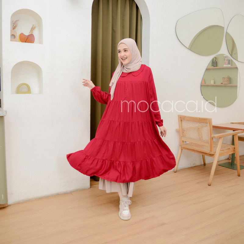 Midi Dress 5 Susun Busui Kerah Collar - pink merah fanta