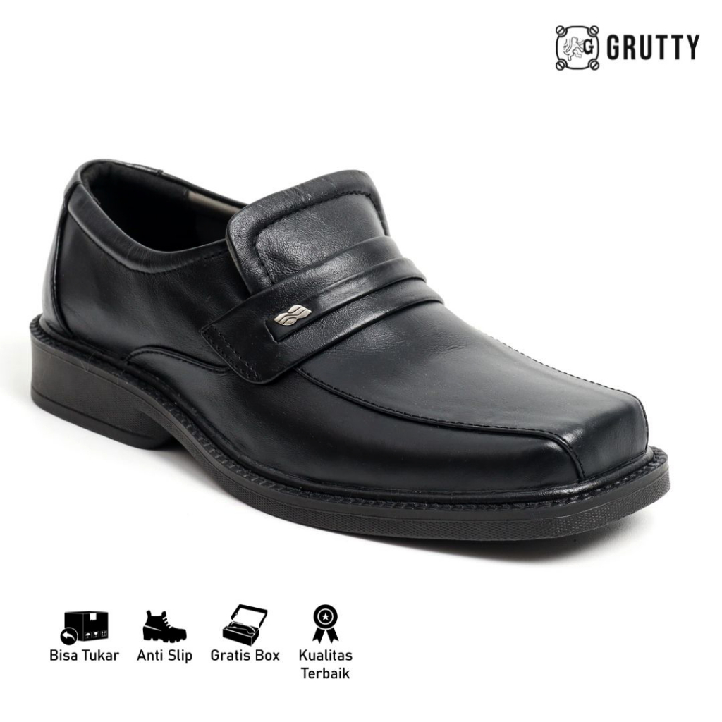 Sepatu Pria Formal Pantofel Kerja Tanpa Tali Kulit Asli Grutty DC011 Hitam